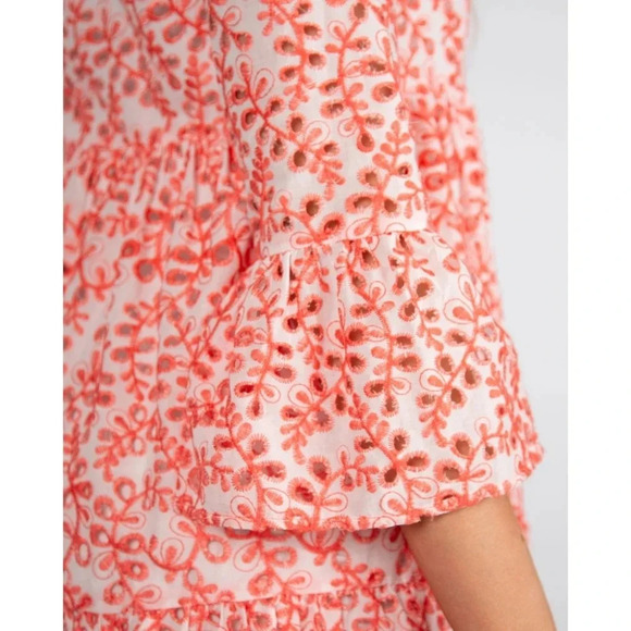 KASIA Tuckernuck Cutwork Tiered Split Neck Holiday Dress Coral/white Size Small - Picture 4 of 12